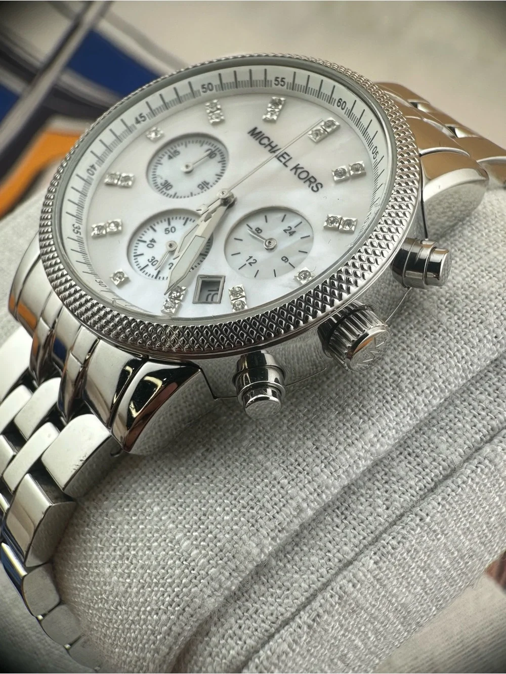 Michael Kors Silver-Tone Men’s Chronograph Watch with Mother-of-Pearl Dial